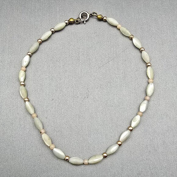 VTG MOP Rice Beaded Anklet Bracelet 8.75" Gold Plated Spacers Spring Ring Clasp - Picture 2 of 8